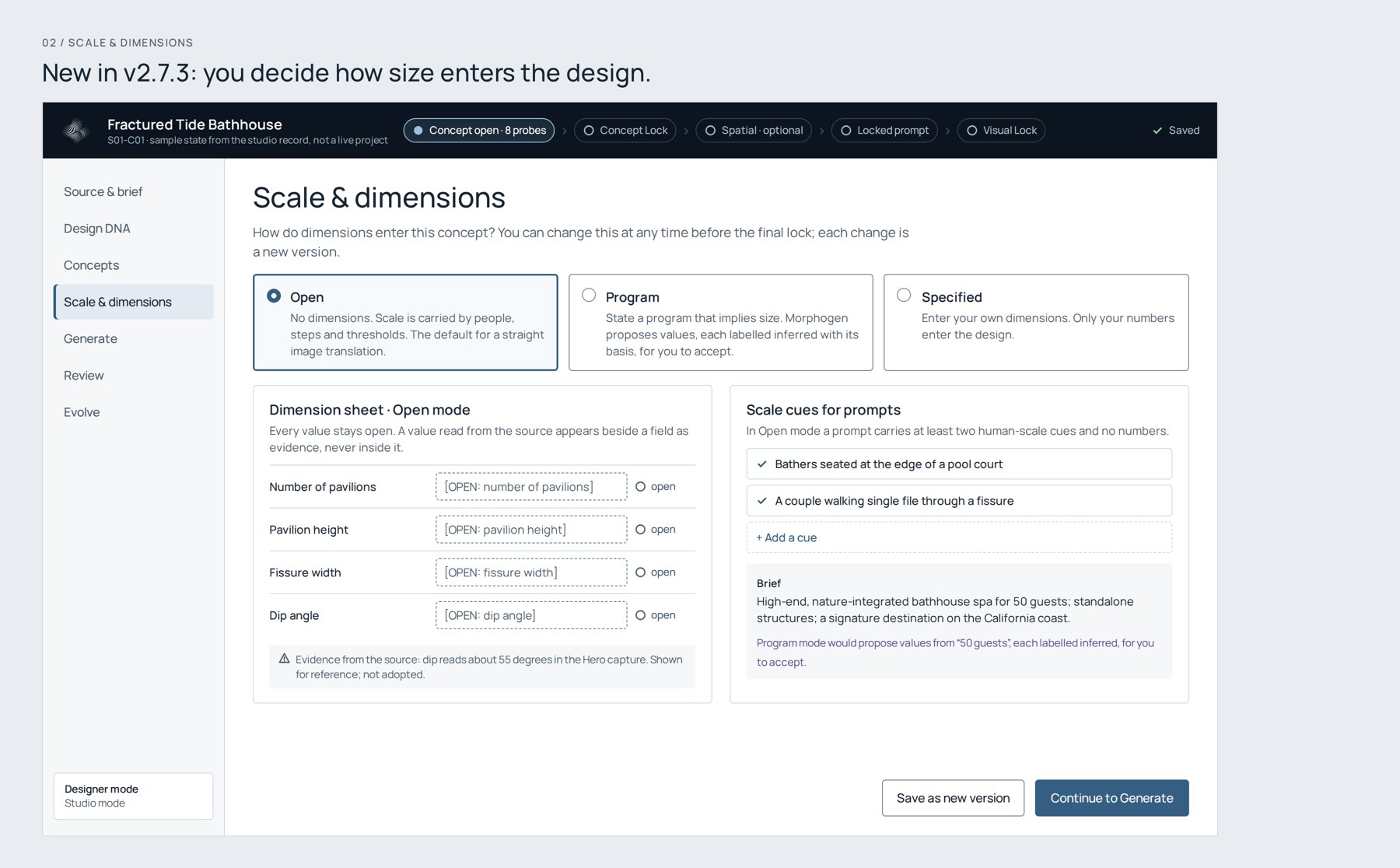 App screen: Scale and dimensions with Open mode selected and every dimension marked open