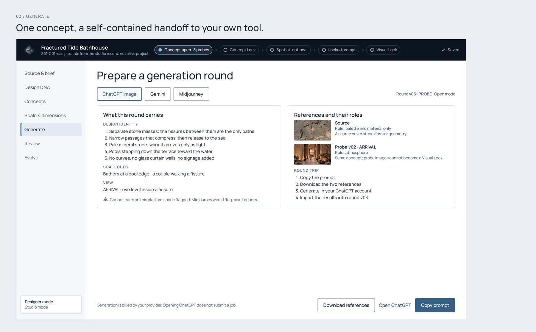 App screen: Generate, with tabs for ChatGPT, Gemini and Midjourney and one Copy prompt button