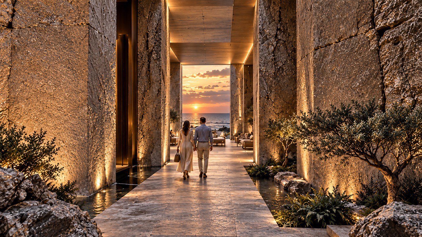 Two stone masses frame a narrow passage opening to the ocean