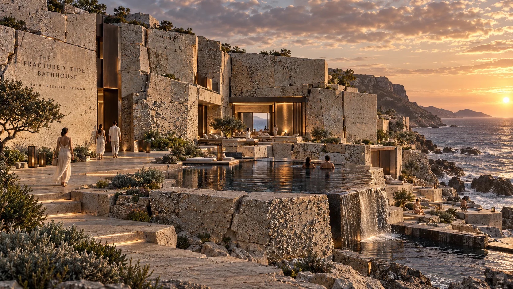 Stone masses and terraced pools stepping toward the California coast