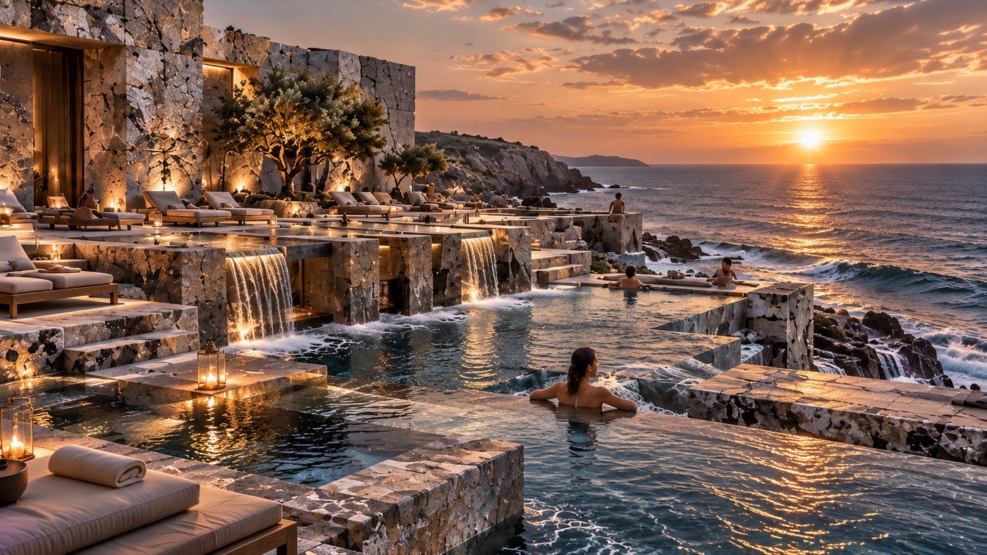 Terraced bathing pools at dusk with lanterns along the stone edges and a bather in the foreground pool