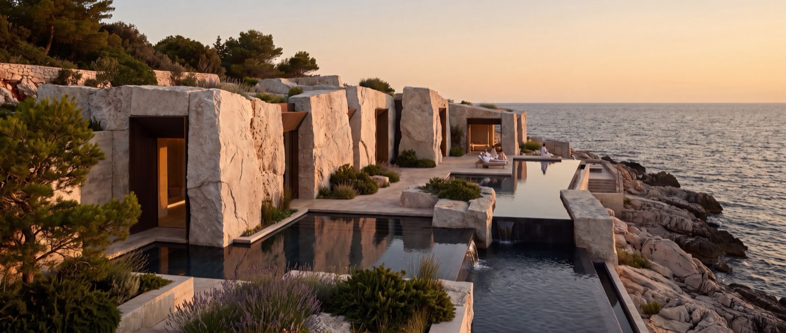 Daylight panorama: rough pale stone masses and quiet pools under an open sky
