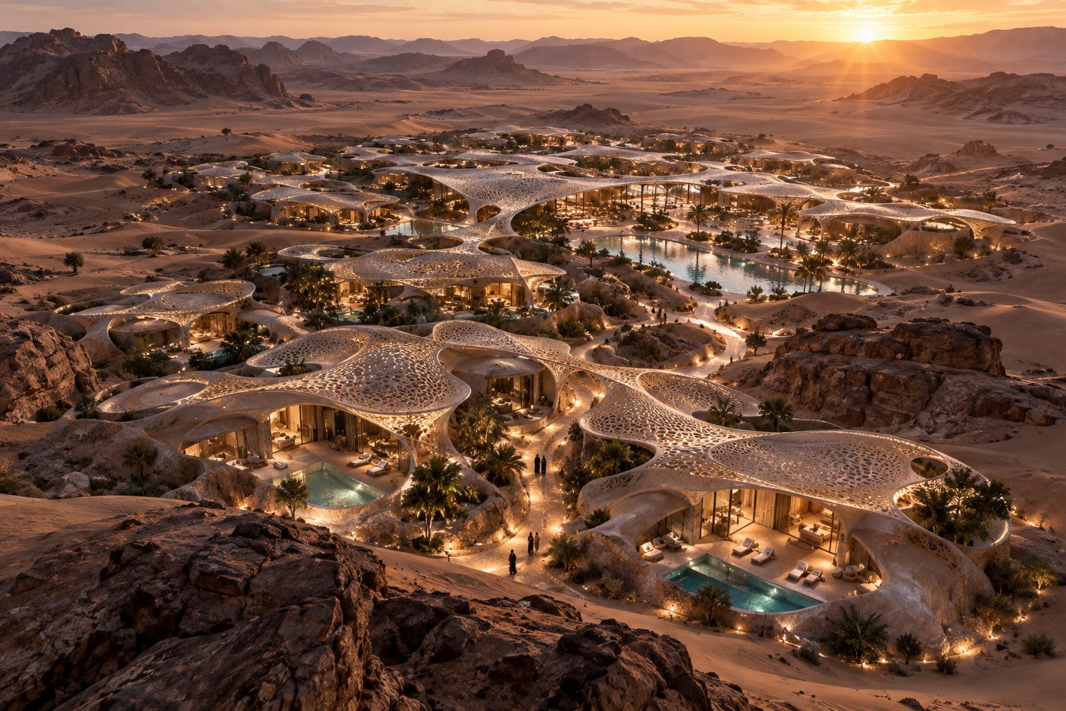 Dune Cell Retreat, clustered desert dwellings beneath perforated canopies