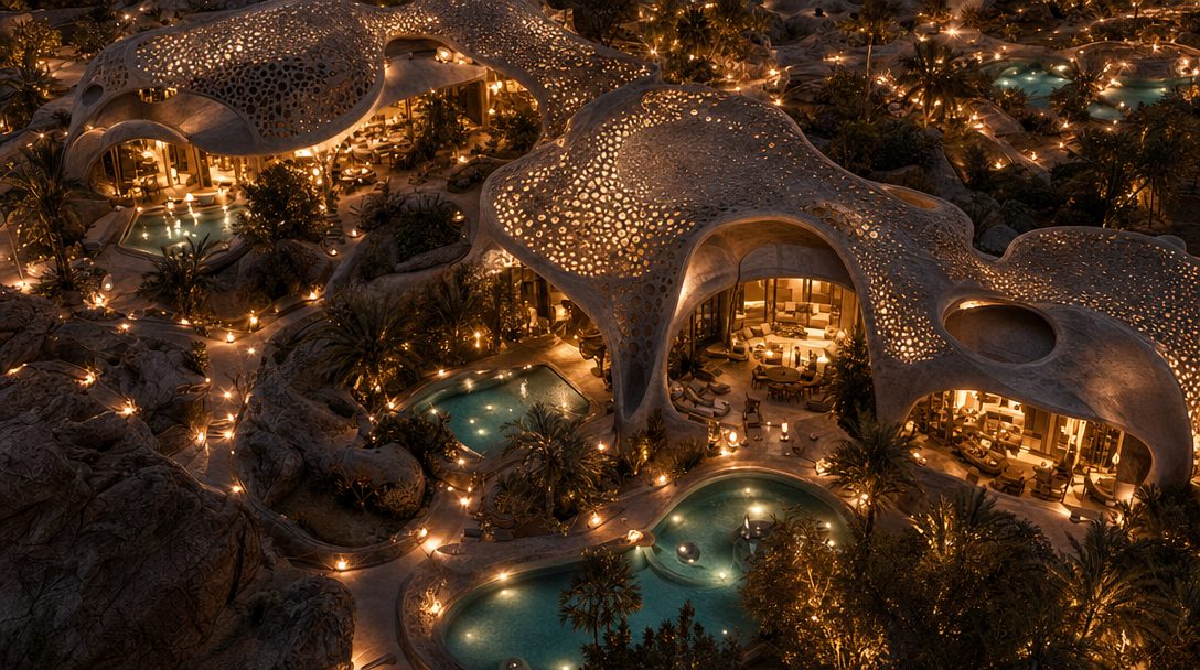 Aerial at night: lit perforated shells over pools and gardens