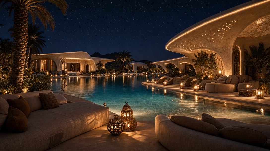 The oasis pool at night with the canopy edge and dwellings beyond, no figures