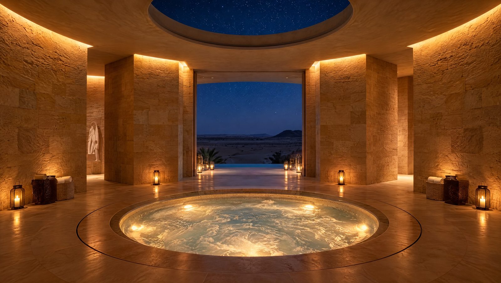 A round spa pool under an oculus to the night sky
