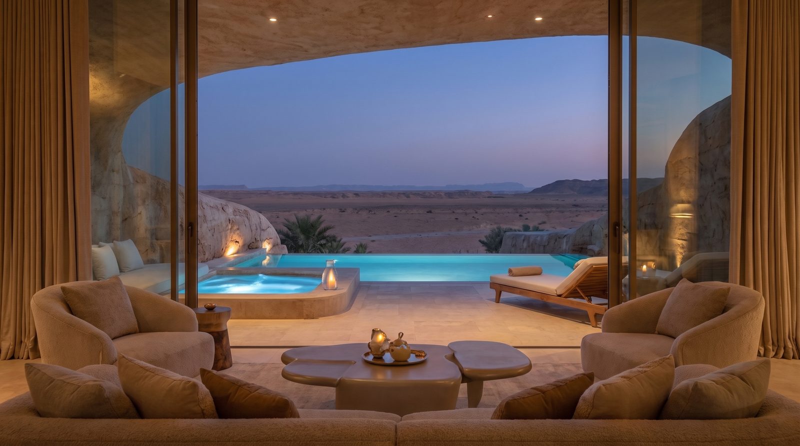 A suite at dusk opening onto a plunge pool and the desert