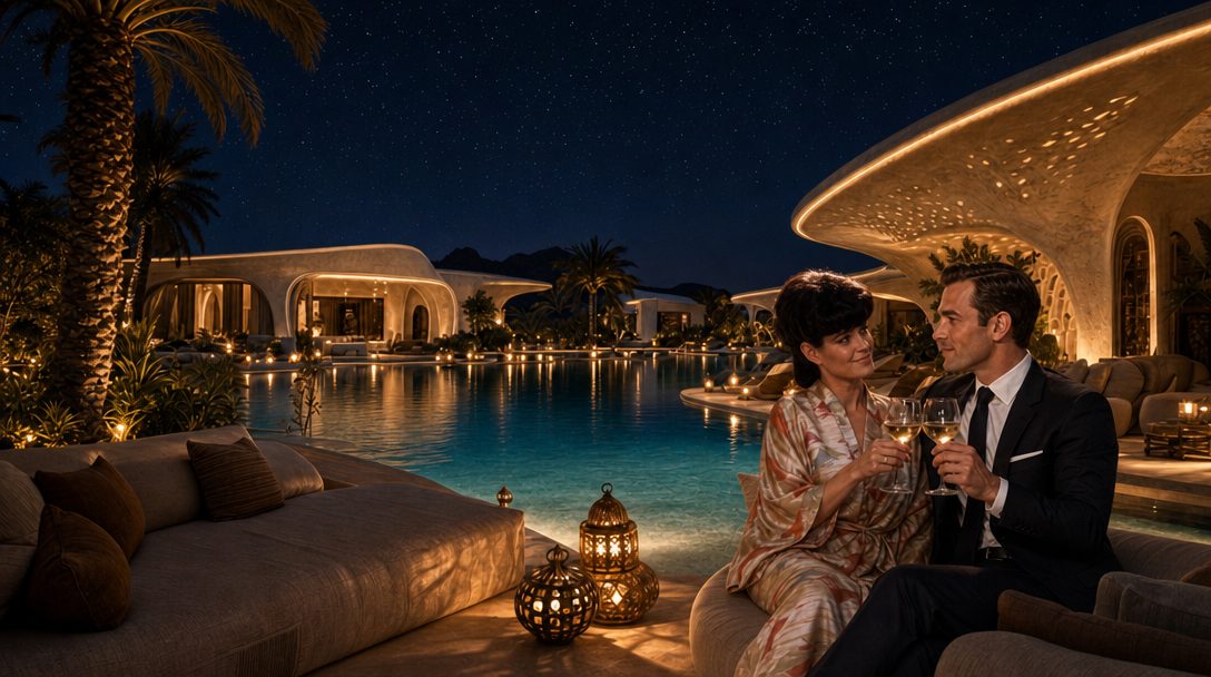 Night: a couple toasting at the pool edge, the curved perforated canopy overhead and dwellings across the water
