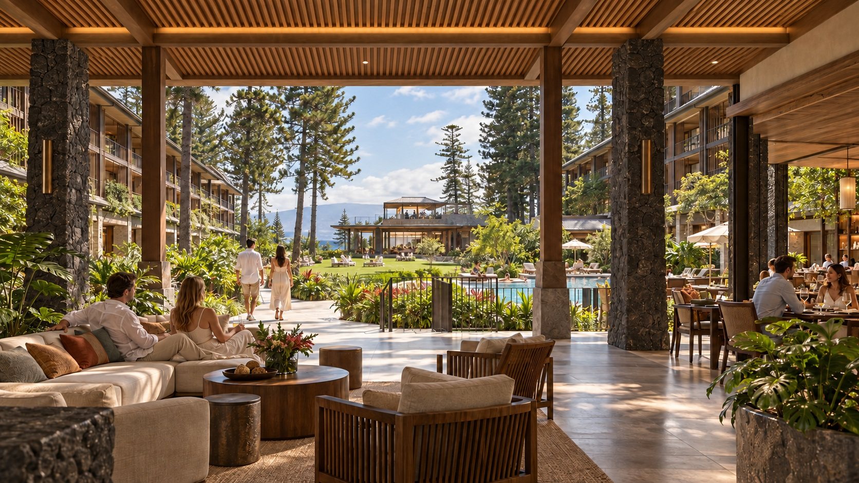 Open-air lounge under a deep roof with views to a pool and trees