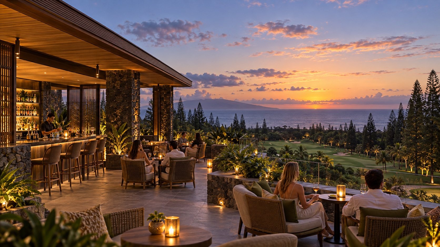 Terrace bar at sunset with guests and ocean horizon