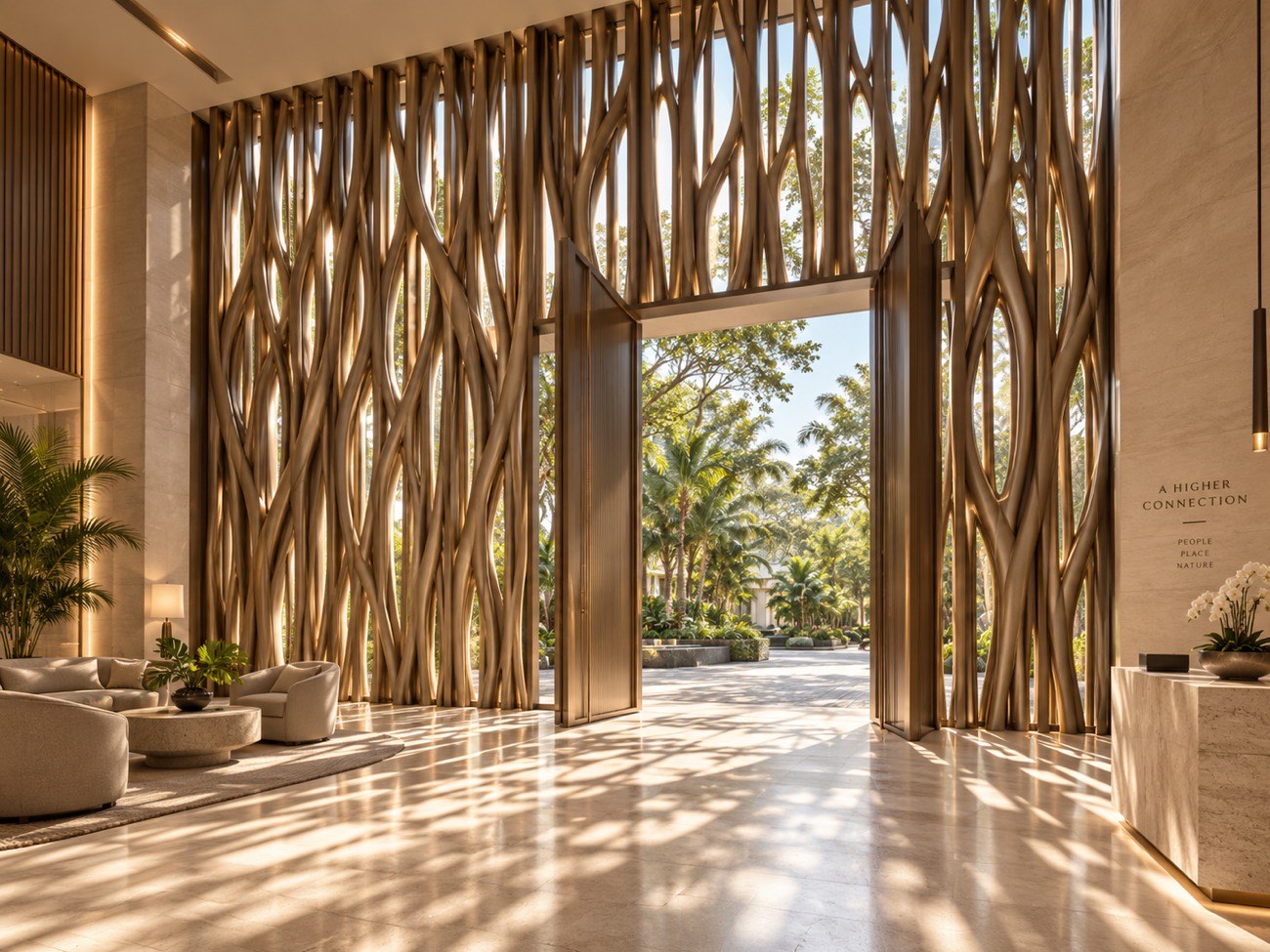 Threshold study: branching screen and pivot doors as one element
