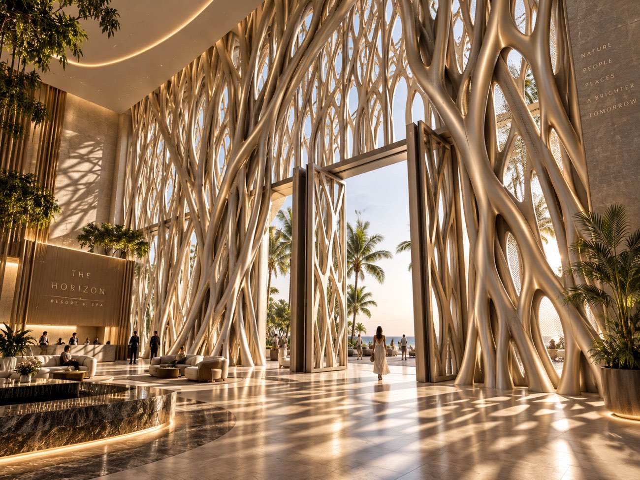 Tree to Threshold lobby with branching screens that filter daylight