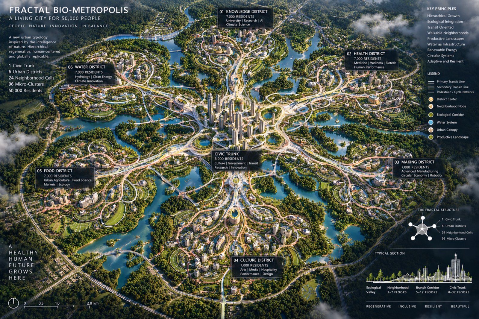 Masterplan board with district program, legend and fork diagram