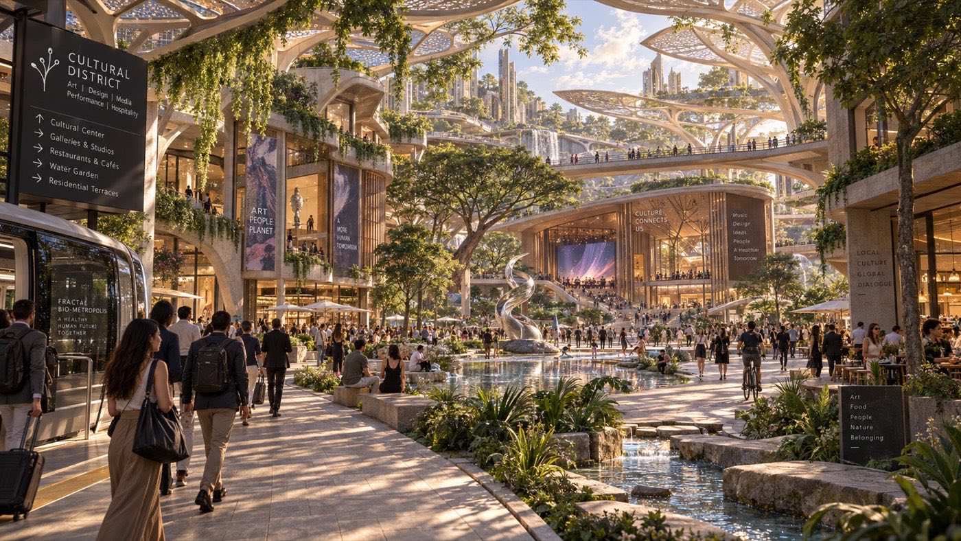 Cultural district at eye level under a canopy