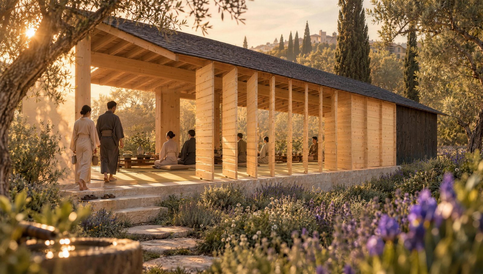 Drawn Leaves timber pavilion with pivoting leaves along one spine