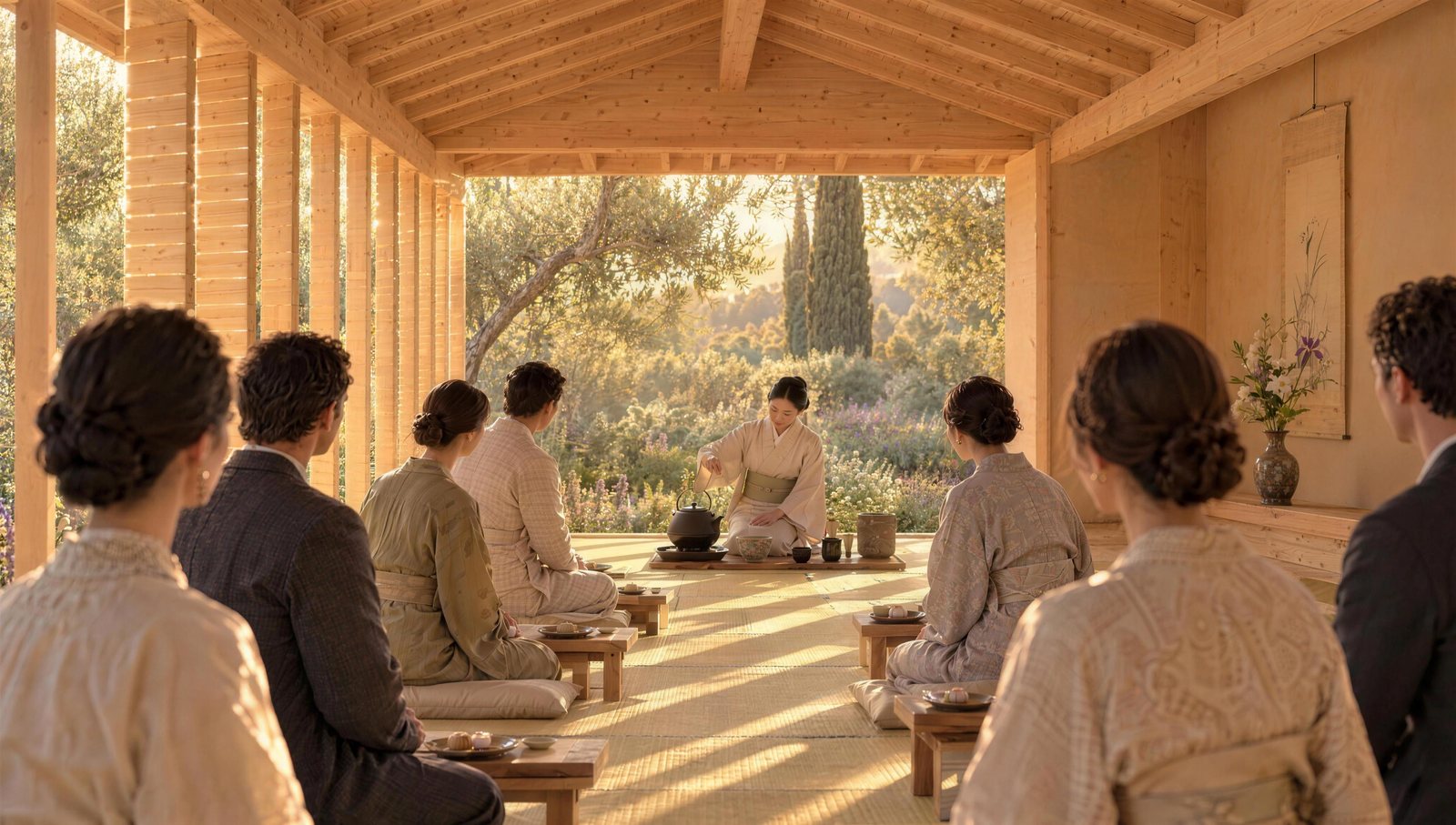 Inside the pavilion on tatami: the host pours tea at the open end with the garden framed behind her, guests kneeling at low tables, the lapped leaves along the garden side