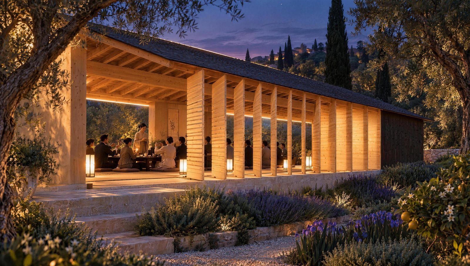 The pavilion at blue hour, lit from within by low paper floor lamps, guests toasting at low tables, light glowing through the open laps of the leaves