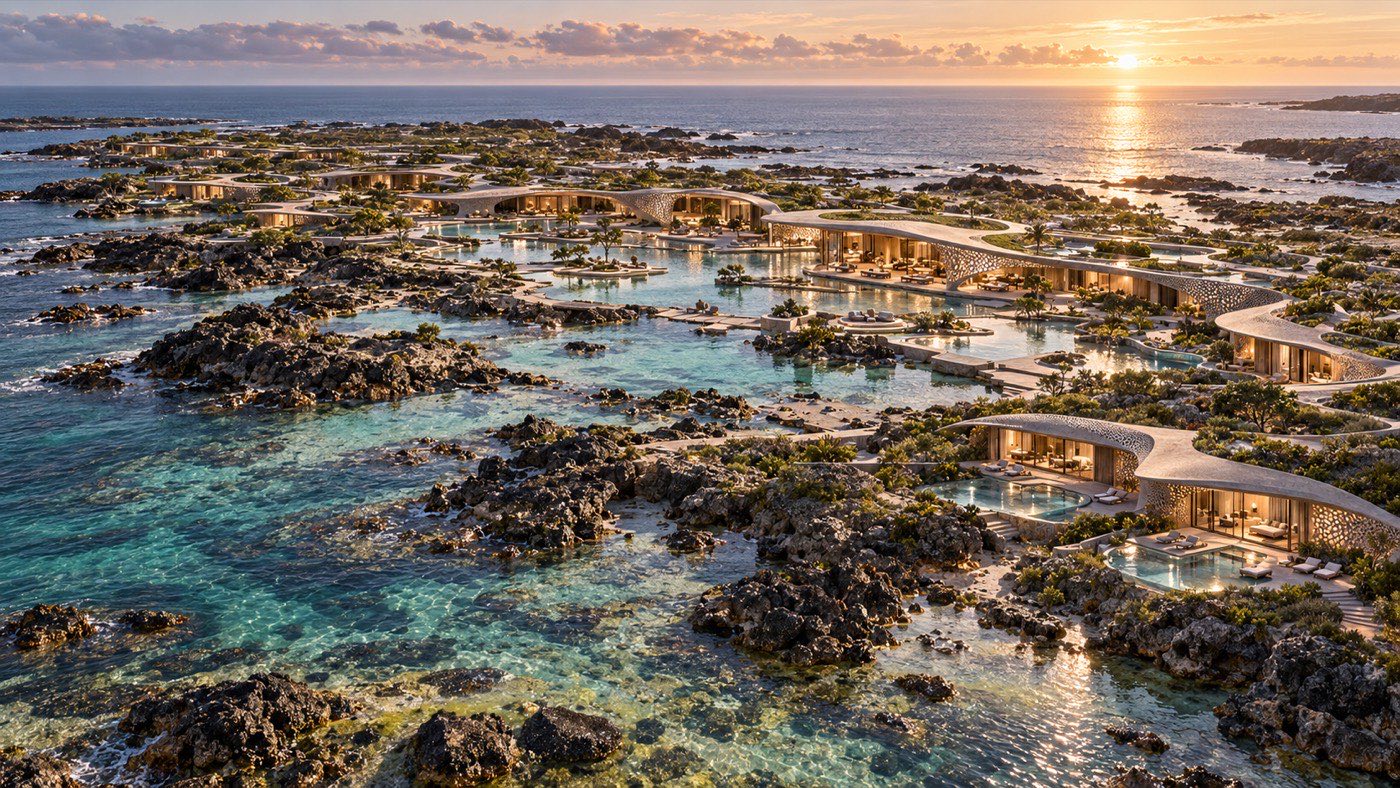 Aerial of low pavilions strung along a rocky shelf