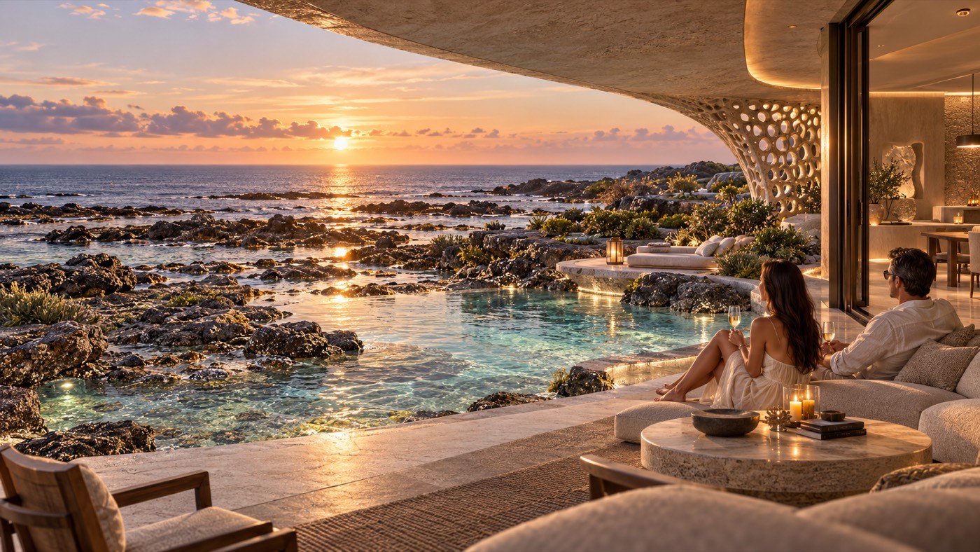 Eye-level terrace under a porous soffit by the water